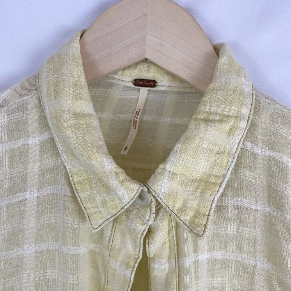 Free People Womens S Butter Yellow Loveland Windowpane Shirt Gauzy Cotton Casual